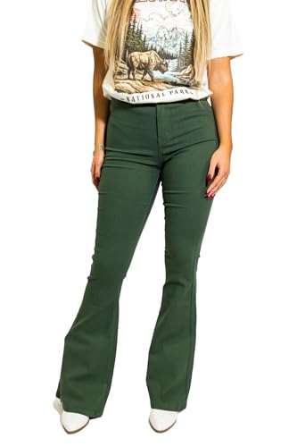 Willow Boutique High Waist Bell Bottom Jeans | Stretchy Women Bell Bottom Pants | Womens Fall Jeans for Casual - Olive