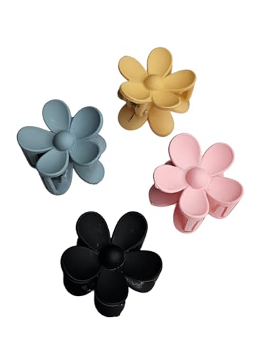 Image of Set of 4 Mini Flower Hair Claw Clips - Matte Finish in Black, Pink, Yellow and Blue - Cute Hair Accessories for Women and Girls