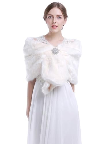 Faux White Fur Shawls and Wraps Bridal Fur Scarf With Brooch Dress Shrug Cover Up for Women(US 4-14 (S-M), White)4