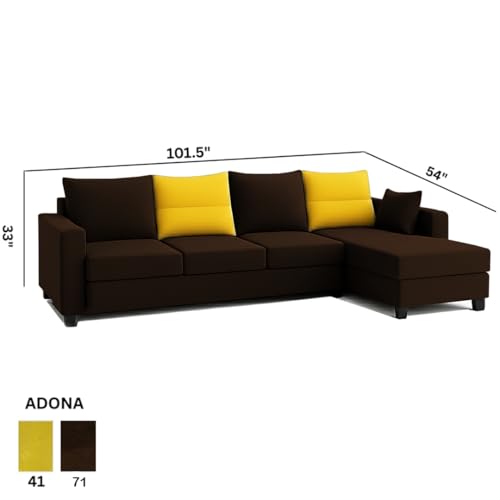 Image of CASASTYLE Texon 5 Seater Fabric RHS L Shape Sofa Set (Yellow-Dark Brown) Velvet Finish | Comfortable Sectional Sofa Set
