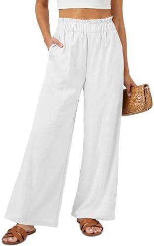 SEMARO Womens Casual Linen Feel Wide Leg Pants High Waist Palazzo Flowy Trousers Beach Vacation Outfits 2025 White