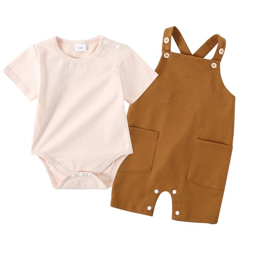 Image of YALLET Baby Boy Clothes, 2Pcs Newborn Infant Boy Romper Outfits 0-18 Months Bib Overalls Pants Set