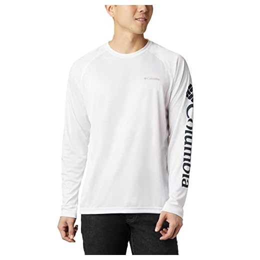 Columbia Men's Fork Stream Long Sleeve Shirt, White/Collegiate Navy Logo, Large