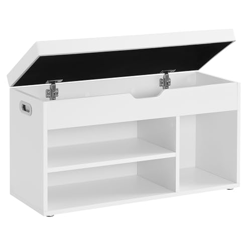 VASAGLE CUSTOS Collezione - Scarpiera Panca Ingresso, Panca Contenitore Imbottita, 3 Scomparti, Ripiani, Soggiorno Corridoio Camera da Letto, Portata 150 kg, Bianco LHS030WB03