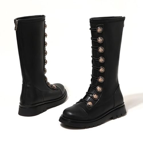 Girls Leather Lace Up Knee High Boots Fashion Back Zipper Tall Riding Boots Comfortable Round Toe Low Heel Combat Boot Little Kid/Big Kid3