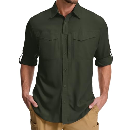 mixtiq Mens Sun Protection Safari Shirts Long Sleeve UPF 50 UV Quick Dry Travel Hiking Fishing Shirts with Zipper 5079 Army Green XL