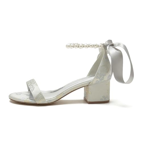 Women's Block Heel Pumps Chunky Open Toe Floral Low Heels Satin Wedding Shoes for Bride Pearls Dress Shoes Heels Sandals4