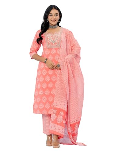 Image of Amayra Women's Cotton Embroidered Straight Kurta with Palazzo Pant and Dupatta Set