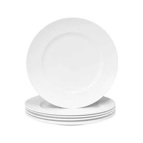 QOUTIQUE Bone China White Embossed Dinner Plates Set, 10.5 inch, Set of 6, 6 Piece White Dinner Plate Set, Serving Dish Set, Microwave and Dishwasher Safe, Scratch Resistant, Dinnerware Party Plates Cover