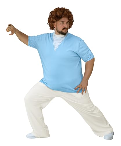Mainfini 4 Pcs Mexican Wrestler Full Costume Pants Set Adult Men Nacho Libre Big Tall Plus Size Outfit Blue Shirt Sweater Wig Mustache Cosplay Competition 3XL