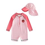 Beauace Baby Badeanzug Mädchen UV Schutz Badebekleidung mit Hut Kleinkind Karierte UV Schutz Schwimmanzug Erdbeere Druck Reißverschluss Schwimmkleidung (Rosa, 3-6 Months)