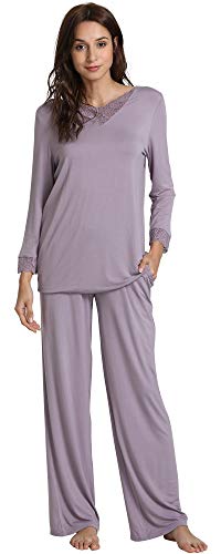 Gys Bamboo Pajamas For Women Soft Long Sleeve Sleepwear V Neck Pjs Set Sleep Lounge Set With Lace S-4Xl, Violet, X-Large #TOP20