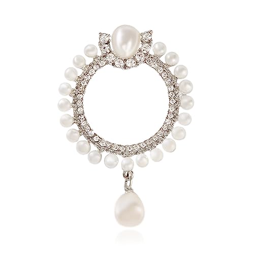 Image of Elegant CZ Cubic Zirconia Round White Simulated Pearl Circle Brooch Pin for Women Wedding