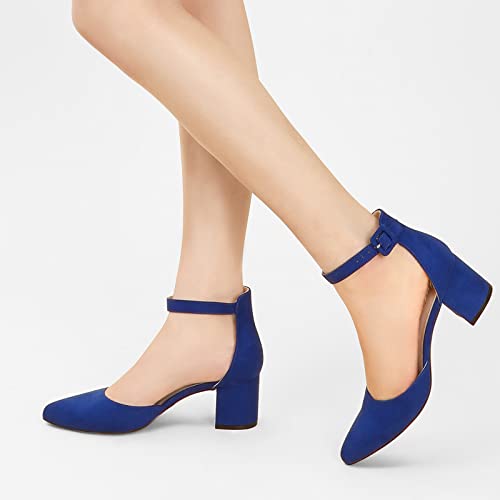 Image of Ankis Closed Toe Heels for Women -Navy Blue Pointed Toe Heels Low Block Chunky Women Pumps with Ankle Strap -2.25 Inch