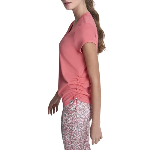 Image of DKNY Women's Short Sleeve V-Neck Tech Ruched Side Seam Active T-Shirt