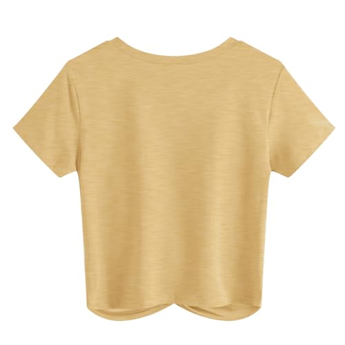 JINKESI Women's Summer Short Sleeve Blouse Casual Round Neck Crop Tops Twist Front Tee T-Shirt Mixed Yellow-L — view 3