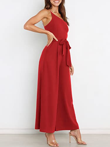 Anrabess Women's Summer Dressy One Shoulder Sleeveless Tie Waist Backless Casual Wide Leg Jumpsuit Rompers Pockets 562Hong-S #TOP1