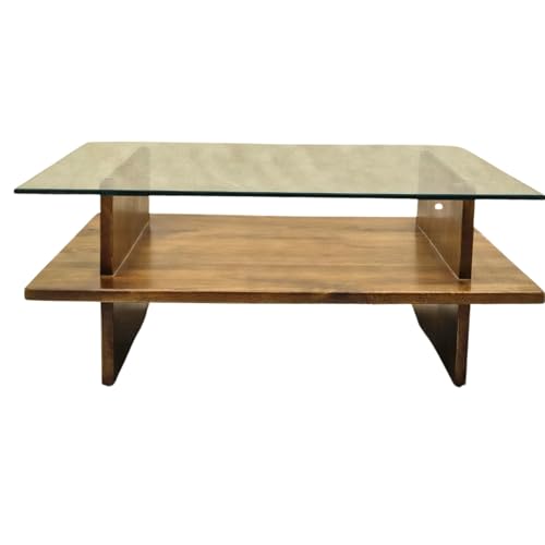 Image of Gharaana Bella Glass Top Solid Wood Center Table, Square, 102 x 102 x 38 cm, Natural Wood Finish