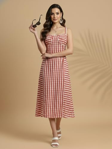 Image of Aahwan Fit and Flare Red Gingham Check Shoulder Ties Slim Fit Midi Cami Dress for Women's & Girl's