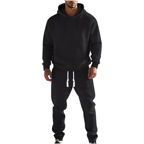 amropi Men's Jacquard Tracksuit Set Pullover Hooded Sweatshirt and Jogging Pants Sportwear Black, 3XL