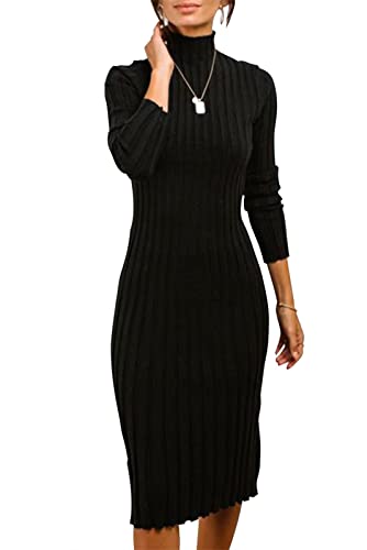 Merokeety Women's Ribbed Long Sleeve Sweater Dress High Neck Slim Fit Knitted Midi Dress, Black, M #TOP7
