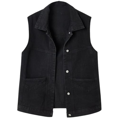Women Sleeveless Denim Vest Lapel Collar Motorcycle Jacket Vintage Loose Fit