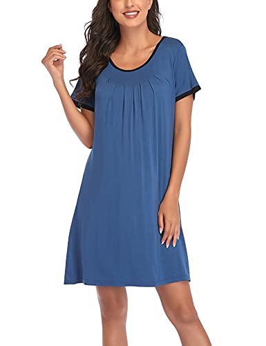 Colorfulleaf Women's Nightgown Short Sleeve Nightshirt Sleep Shirt Comfy Sleepwear Pleated Scoopneck Sleepshirt (Dark Blue, M) #TOP1