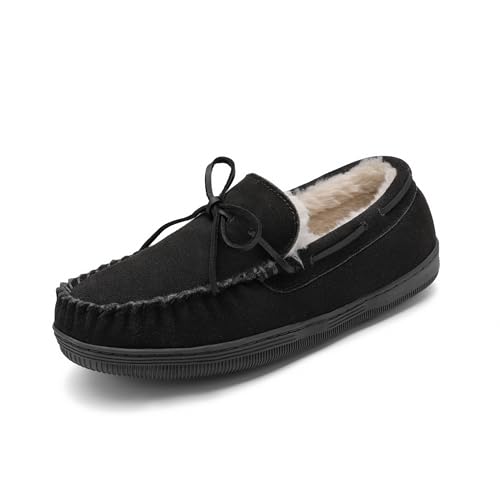 DREAM PAIRS Men's Moccasin Slippers Fuzzy Plush House Shoes Indoor Outdoor Fleece Lining Loafers 10 Black
