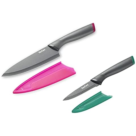 Tefal K122S2 Fresh Kitchen 2er Set Kochmesser 15 cm + Gemüsemesser 9 cm | Edelstahl Klinge + titanverstärkte Antihaftbeschichtung | Schutzhülle Cover