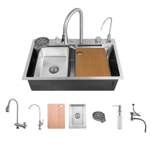 Image of Fossa 24x18x9 Inch Waterfall Kitchen Sink, Single Bowl Premium Stainless Steel Sink with Thick 2.6 mm Collar & 0.9 mm Bowl, Pull-Out Faucet, RO Tap, Soap Dispenser, Silver (Honeycomb Finish)