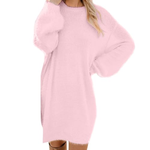 Sobzia Pulloverkleid Damen Strickkleid Rundhals Elegante Herbstkleid Langarm Winterkleid Knielang Kleider Rosa M