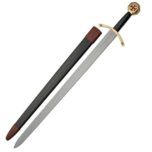SZCO 37 Knights Templar Sword Medieval Crusader Decorative Knight Sword with Black Leather Wrapped Handle & Matching Leather Scabbard for Adults Cosplay & Display