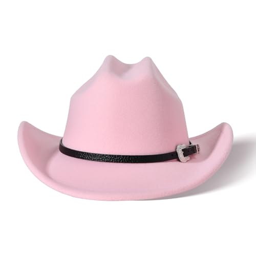 Image of Willheoy Kids Cowboy Hat for Girls Boys Western Cowgirl Hat with Buckle Belt Unisex Wide Brim Fedora Hat Dress Up Costume
