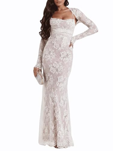 Maxi Lace Dress, Women Cami Dress with Small Shaw Romantic Long Sleeve Lace Bodycon Dresses Elegant White S