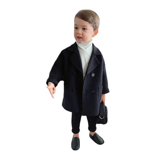 Kids and Boys Girls Warm Medium Long Woolen Coat Lapel Tweed Jacket for 2 to 6 Years