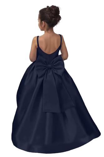 Satin Flower Girl Dress for Wedding Spaghetti Strap Backless Princess Ball Gown First Communion Dress with Bow