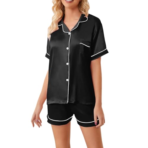 Conjunto de Pijama de Seda de Satén para Mujer, Pijama de Manga Corta, Conjunto de Pijamas con Botones Conjuntos de Dos Piezas, Traje de casa (FR/ES, Letras, XL, Regular, Regular, Negro)