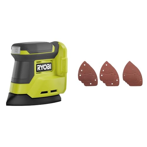 RYOBI - Ponceuse triangulaire 18V - diamètre d'oscillation 1,8 mm - patin 100 x 140 mmm & Assortiment de 10 Abrasifs Auto-Agrippants 140x100mm pour Ponceuse...