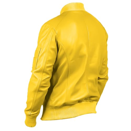 Men's 100% Real Lambskin Leather Yellow Bomber Jacket Stylish Flight Biker Jacket3