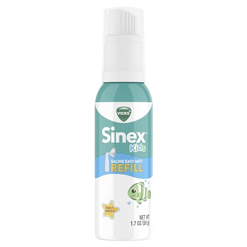 Vicks Sinex Kids Saline Easy Mist Refill, Drug Free Saline, Ages 1 Month+, Gently Clears and Soothes Everyday Stuffy Noses, Safe for Daily Use, 1.7 OZ