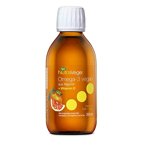 NutraVege Algenöl Omega 3 Vitamin D3 1000 I.E. mit Grapefruit Geschmack - 500mg Omega-3-Fettsäuren (300 mg DHA/150 mg EPA je 5ml) - Premium Qualität vegan laborgeprüft aus nachhaltigem Anbau Cover