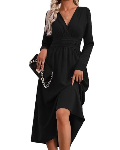 QUNERY Sommerkleid Lang Damen Einfarbige Kurzarm/Langarm Elegant Überlappung V Ausschnitt Taillenfalten Maxikleider Casual Kleider Casual Strandkleid...