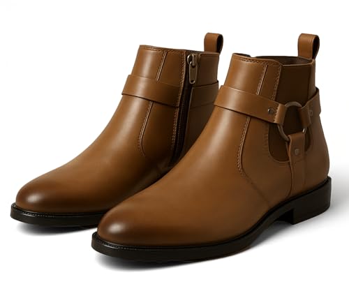 Kraasa The Harness – Men’s Stylish Vegan Leather Chelsea Boots with Side Zipper & O-Ring Strap Elastic Panel Ankle Boot Tan UK 10