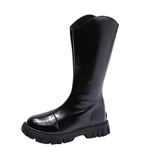 Winter Girls Mid Calf Boots Flat Soles Thick Soles Non Slip Round Toe Back Zipper Warm Comfortable Riding Boots (Black, 3.5-4 Years Toddler)