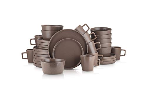Image of Stone Lain Celina Stoneware 32-Piece Modern Dinnerware Set, Plates and Bowls, Matte Brown, Service For 8, Microwave & Dishwasher Safe