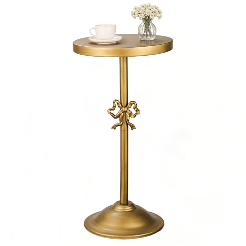 FASNAHOK Metal Plant Stand, 11.8'' Heavy Duty Tall Plant Tables Indoor, Antique Gold Small Round Pedestal Side Table with Bow Decor, Cocktail Drink Table for Small Spaces Living Room Bedroom