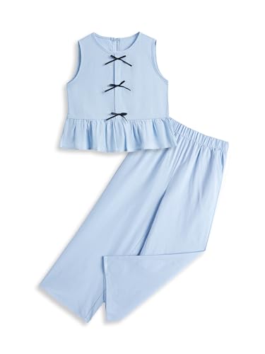 Image of Girls' Clothing Sets Sleeveless Bow Crop Top Wide Leg Linen Pants 2026 Summer Outfits Cute Kids Clothes