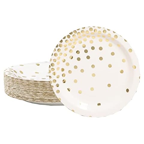 DYLIVeS 50 Platos Desechables de Papel Blanco y Dorado de 7 Pulgadas Cover