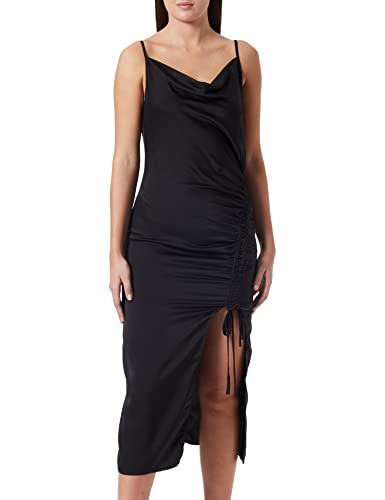 Robe de cocktail noire à col bénitier drapé et fente haute pour femme
