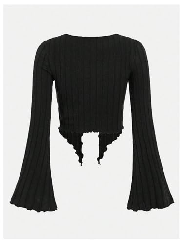 OYOANGLE Girl's Button Front Asymmetrical Split Hem Long Sleeve Top Lettuce Trim Ribbed T Shirts2